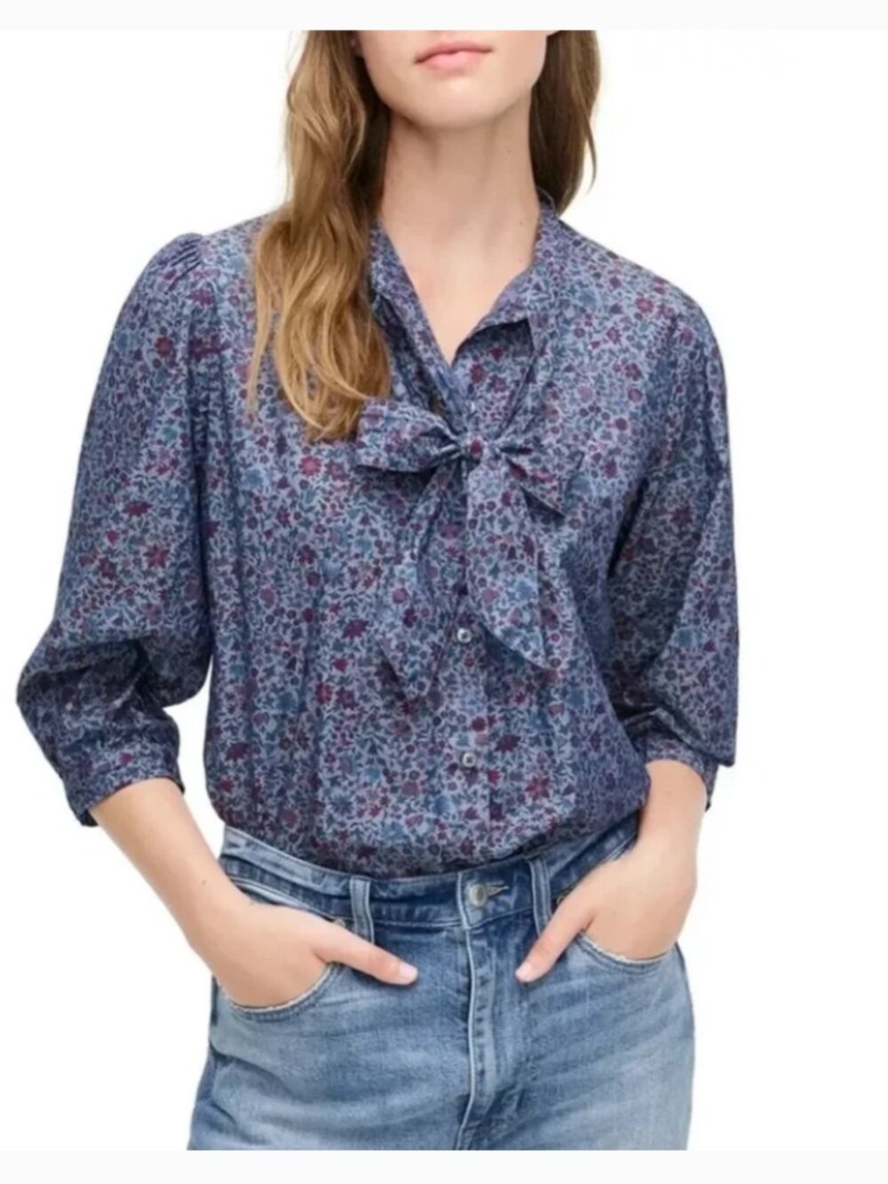 J. Crew Liberty Blue Floral Tie-Neck Blouse Burgundy top XS